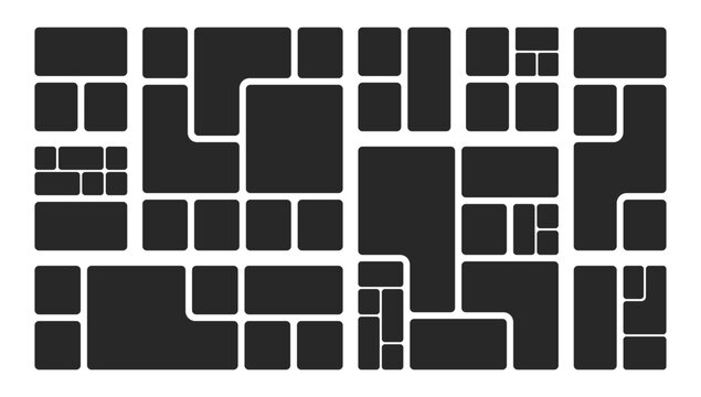 Modern mosaic layout with geometric blocks for creative presentations. Minimalist template featuring black shapes, perfect for albums, brochures, and UI design projects. Vector illustration.