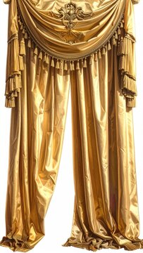 Opulent gold drapes cascade with intricate tassels and ornate decorative swag