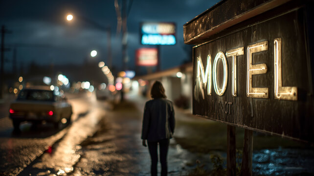 Woman walks towards a glowing motel sign at night