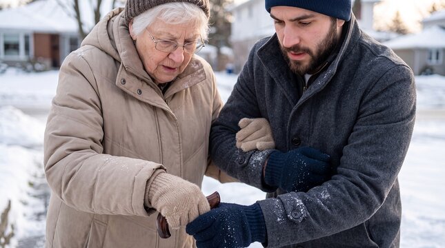 caregiver elderly woman walking winter support mobility safety senior outdoors A male aide helps an older client walk along a snowy street expressing trust dignity accessibility and reliable home care
