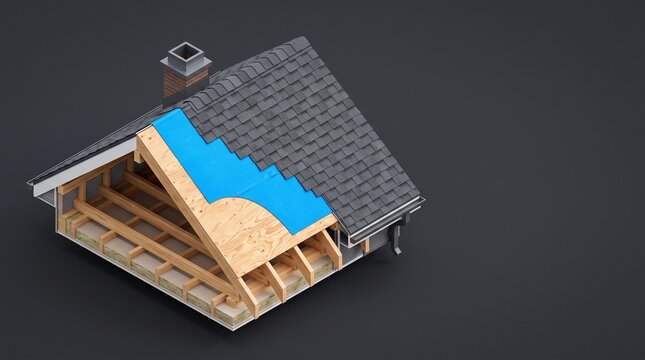 3D isometric cutaway cross section of house roof construction
