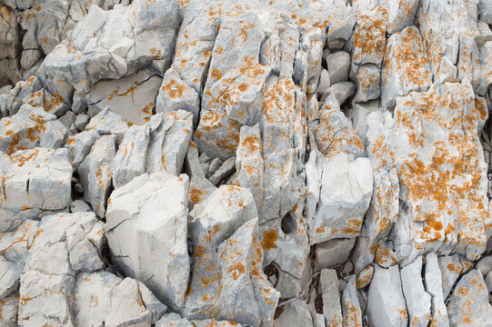 Weathered limestone rocks with orange lichen on Dugi Otok, Adriatic coast, Croatia