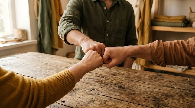 Close up of a creative teamwork group performing a teamwork fist bump to celebrate professional teamwork success in a rustic clothing workshop and fashion studio environment.