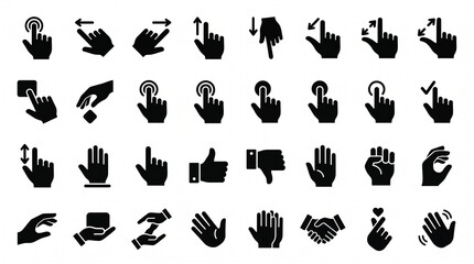 Fototapeta premium Collection of diverse hand gesture icons featuring signs, gestures, pointing, thumbs up, peace signs, and communication symbols in black.