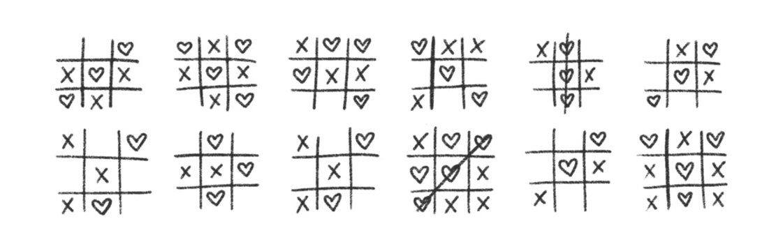 Hand drawn tic tac toe game, doodle X-O elements. Hearts and cross marks. Vector illustration on a white background.