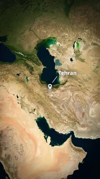 Earth globe zoom to Tehran, Iran, featuring a map marker, concentric circle highlight, and typography, perfect for a vertical educational short or mobile travel promo.