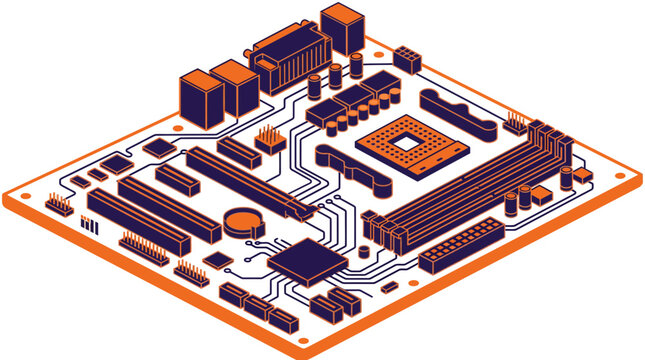 Isometric Computer Motherboard with Circuits and Components, Digital Technology Concept