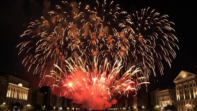 Red fireworks bursting over city buildings at night