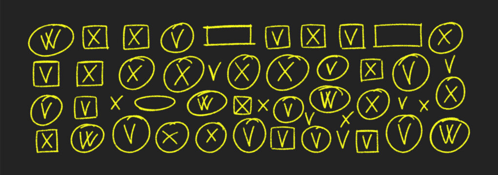 Hand-drawn doodle check marks and crosses in crayon texture. Sketchy pen strokes, bubbles for emphasis. Perfect for lists, votes, correct answers. Yellow vector illustration.