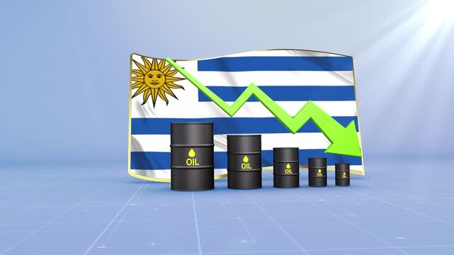 Uruguay Oil Price Falling with Oil Barrels Downward Green Arrow and 3D Financial Data Visualization Graphs for Economy and Business Concept