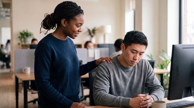 colleague comfort office worker stress support empathy workplace diversity counseling Black woman reassures a distressed Asian man at work for employee wellbeing and inclusive workplace campaigns