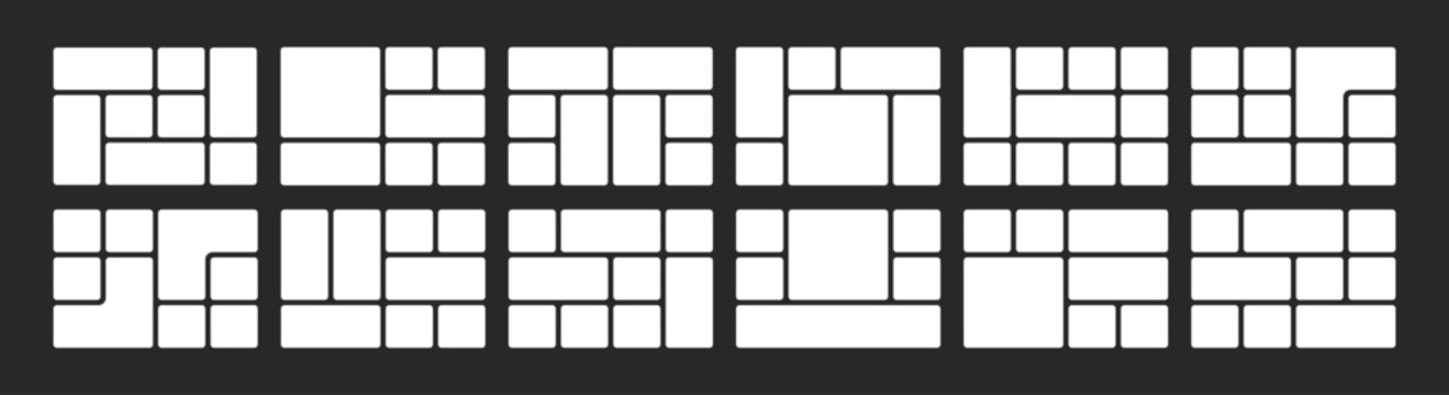Bento grid template with rectangular frames for photo collages. Modern layout design for creative presentations, moodboards, and gallery displays with geometric blocks. 