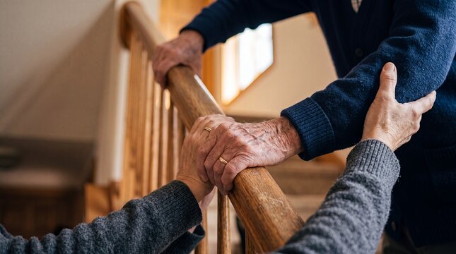 caregiver senior stairs handrail mobility safety assistance elderly prevention home Helper steadies an older adult on a staircase conveying trust and fall prevention for accessible aging campaigns