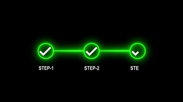 Neon 3 step infographic process with check mark icon. infographic step by step process icon animation on black background, step process success with check marks. Step-by-Step Guide Business Steps.