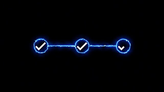 Animated Checklist Process. Three Step Progress Bar with Checkmark Icons on Black Background for Business Presentation, Project Milestone,.