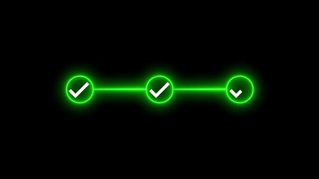 Animated Checklist Process. Three Step Progress Bar with Checkmark Icons on Black Background for Business Presentation, Project Milestone,.