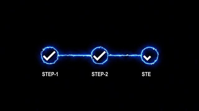 Neon 3 step infographic process with check mark icon. infographic step by step process icon animation on black background, step process success with check marks. Step-by-Step Guide Business Steps.
