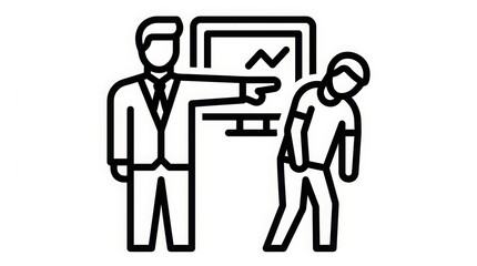 Fototapeta premium Business - Manager Pointing at Monitor Screen While Employee Bows in Workplace Presentation Scene