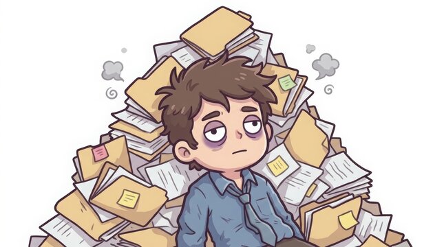 Business - Exhausted Cartoon Office Worker Buried Under Huge Pile of Documents Folders and Papers Feeling Overwhelmed