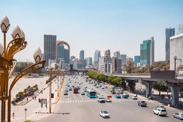 Bustling urban landscape of Addis Ababa, Ethiopia, featuring modern skyscrapers, vibrant multi-lane traffic, and ornate street lamps under a bright sky. © Agnieszka Gaul