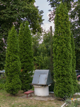 Countryside water well surrounded by tall green thuja trees