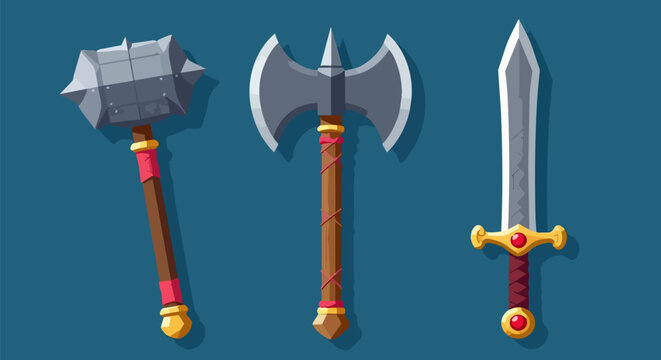 Medieval fantasy weapon set with sword, battle axe and war hammer, cartoon rpg game assets, 3 steel combat icons for mobile gaming interface