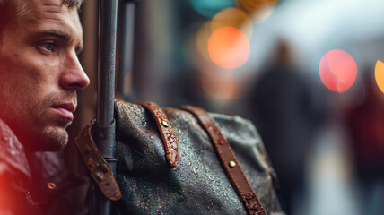 Naklejka premium Mans Pensive Face with Wet Bag, Bokeh City Lights