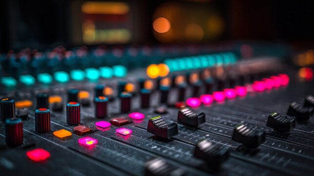 Professional audio mixing console with glowing LED lights, digital sound board faders in recording studio, electronic music production equipment