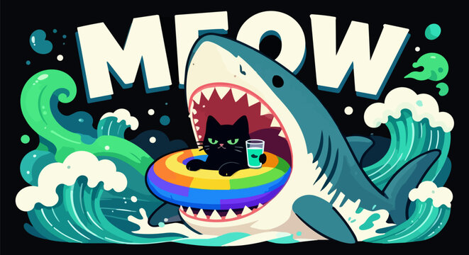 Funny shark and black cat vector illustration, meow text with cute kitten in shark mouth, ocean waves and rainbow floatie graphic