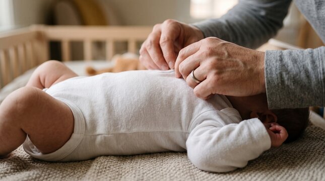 Father dressing his newborn baby in a white bodysuit on a changing table