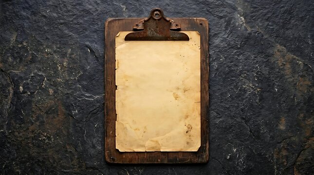 Vintage clipboard on dark stone background for menu or list, rustic vintage clipboard with aged paper, old wooden vintage clipboard copy space for text