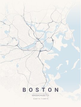 Modern Boston City Map Poster Design, Pastel Dream Style Urban Street Grid Cartography