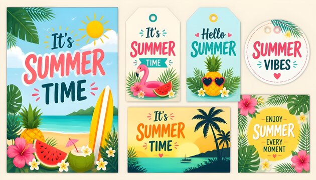 Summer time vector poster set design. It's summer time text tropical holiday seasonal tags collection. Vector illustration greeting card banner background. Illustration 