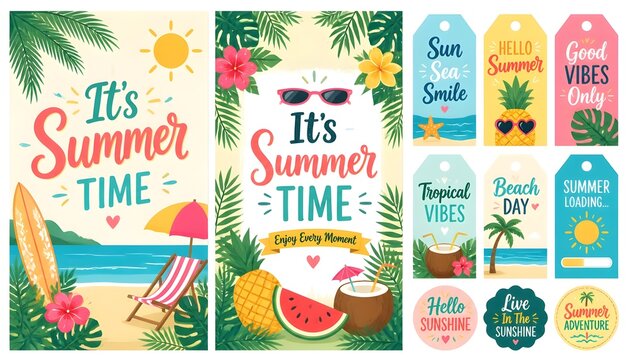 Summer time vector poster set design. It's summer time text tropical holiday seasonal tags collection. Vector illustration greeting card banner background. Illustration 