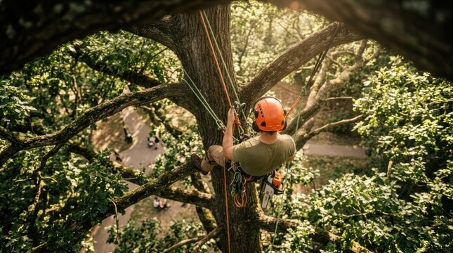 Arborist working high in a tree with climbing gear and a chainsaw