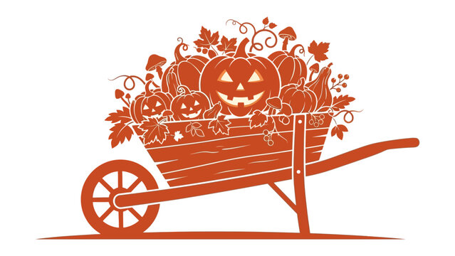 Halloween Wheelbarrow Surprise: A wooden wheelbarrow overflowing with carved pumpkins and autumn foliage, set against a plain background, evoking a festive harvest spirit.