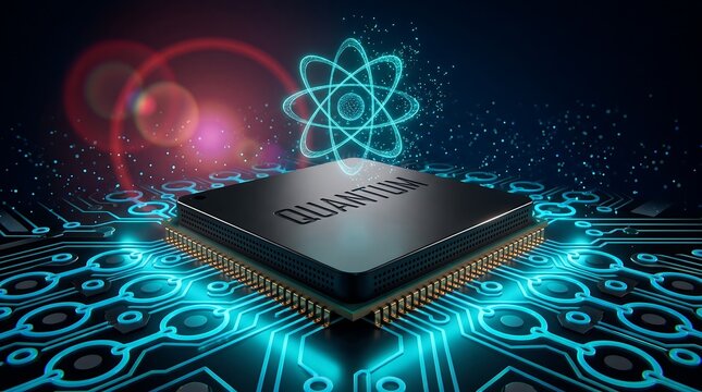 Quantum computing processor on glowing blue circuit board, futuristic microchip with atom symbol and digital data particles, high tech hardware for artificial intelligence and science