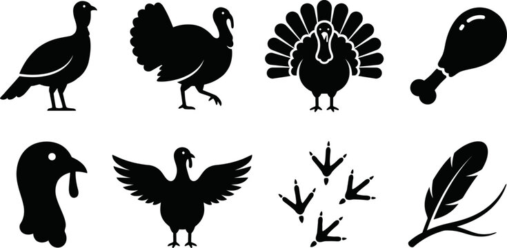 Collection of black silhouette icons depicting various aspects of turkeys and their cuisine isolated on transparent background