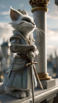 Graceful turkish angora cat portrayed as a heroic princess wearing a crown and armor with a sword