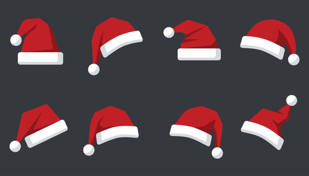 Set of eight red santa claus hats arranged in two rows on a dark background