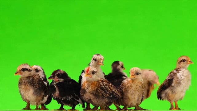 Baby chicks group on green screen background, adorable newborn chickens standing together, isolated poultry footage for chroma key editing in 4k video