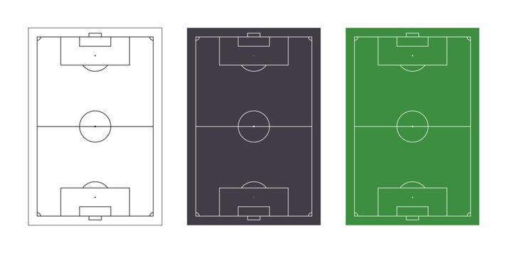 Football field vector with marked court lines, grass and green surface. Soccer pitch design for team tactics, match strategies planning, sport arena blueprints. Vector sport diagrams and templates