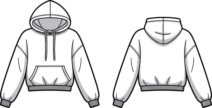 Women's cropped hoodie fashion tech pack illustration front and back views