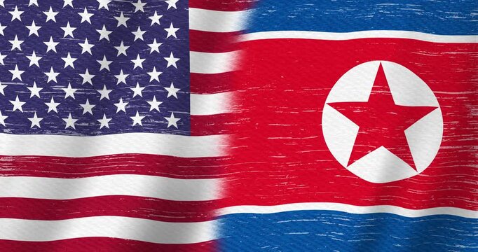 Distressed USA flag stars and stripes and North Korea flag background with seamless loop