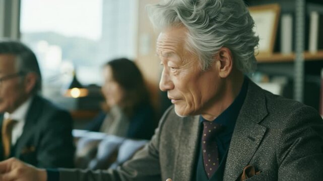 Two elderly, handsome South Korean men in suits, holding a meeting at their desks in the office