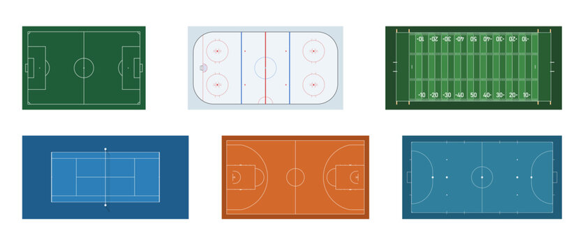 Sports field layouts set. Sports field collection featuring soccer pitch, hockey, futsal, basketball, American football, tennis court layouts ideal for coaching plans and arena design. Vector