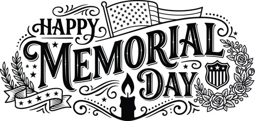 Happy memorial day vintage hand drawn typography design with american flag and candle illustration for holiday poster Vector, illustration © PICTURE GALLERY