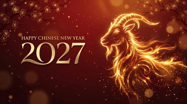 Chinese new year 2027 greeting card with fiery golden goat symbol