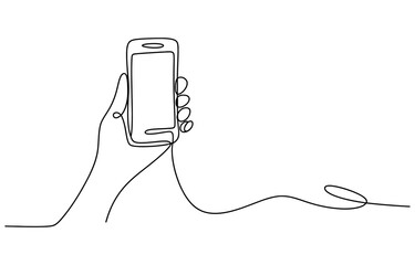 Obraz premium Continuous one line drawing of a human hand holding a mobile smartphone device Vector, illustration