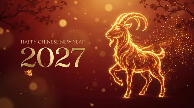 Chinese new year 2027 greeting card with fiery golden goat symbol